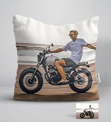 Kişiye Özel Tam Boy Motosikletli Adam Karikatürlü Beyaz Yastık-1