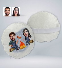 Kişiye Özel Sevgililer Karikatürlü Yuvarlak Dekoratif Kırlent Yastık-95