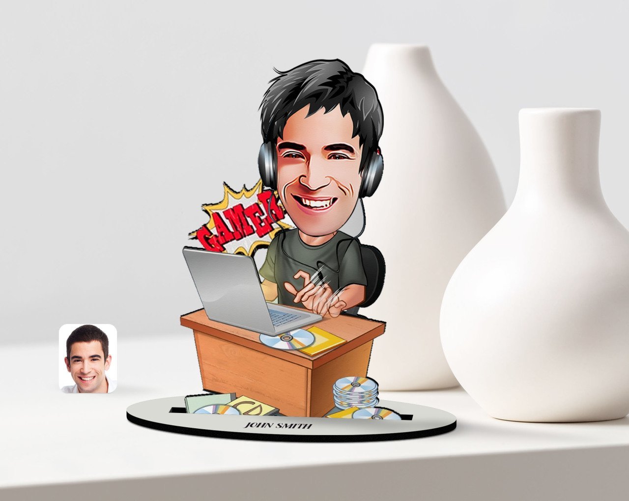 Kişiye Özel Erkek Gamer Karikatürlü Ahşap Biblo Model-1