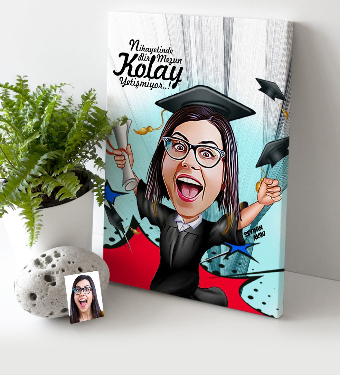 Kişiye Özel Bayan Mezun Karikatür Kanvas Tablo (30 x 50 cm.) 1