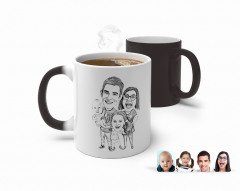 Kişiye Özel Karakalem 4'lü Aile Karikatürlü Sihirli Kupa Bardak-1