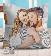 Kişiye Özel Tam Boy Sevgililer Karikatürlü Beyaz Yastık-1