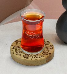 Kişiye Özel Retro Motif Tasarımlı Doğal Ahşap Tabaklı Heybeli Çay Bardağı Model 3