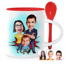 Kişiye Özel Aile Karikatür Kırmızı Kaşıklı Kupa Bardak - 1