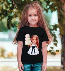 Kişiye Özel Kız Çocuk Doğum Günü Karikatürlü Siyah T-Shirt-2