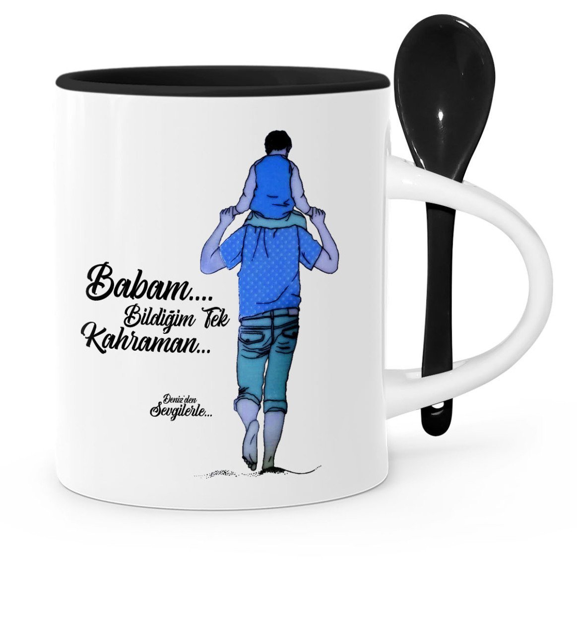 Babalar Gününe Özel Babam Bildiğim Tek Kahraman Tasarımlı Siyah Kaşıklı Kupa Bardak - 3