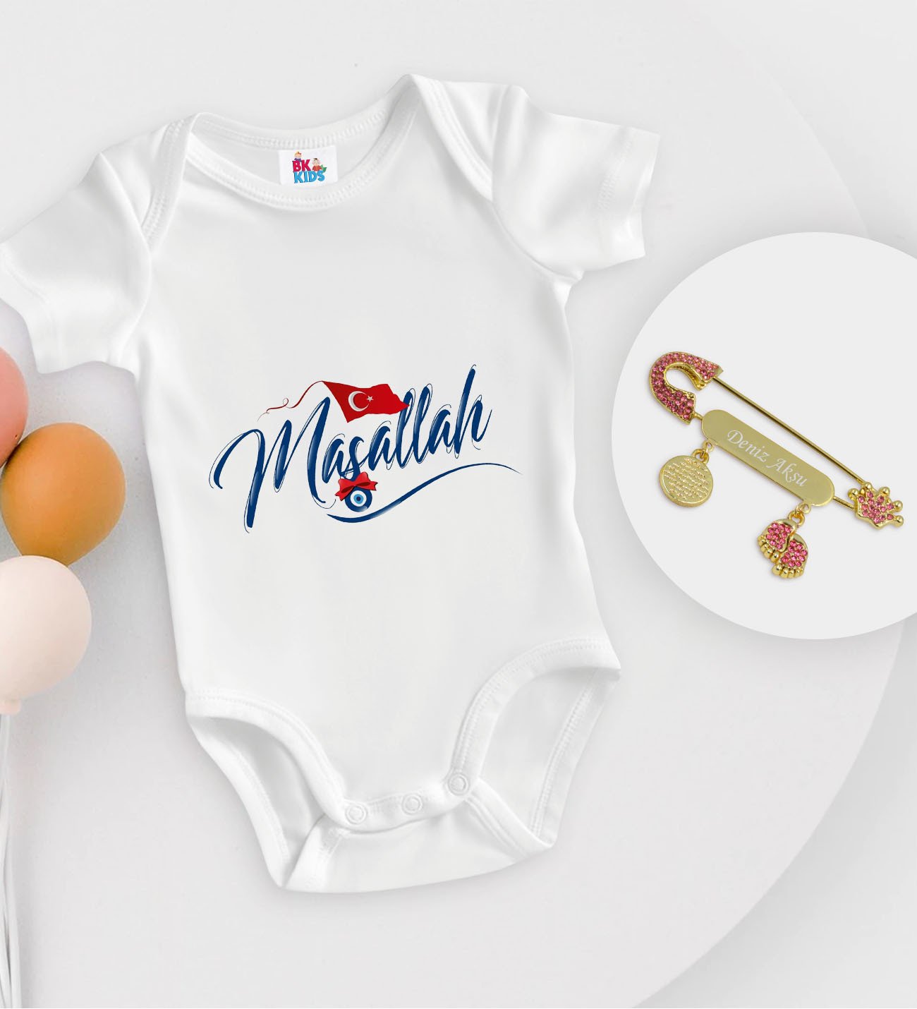 BK Kids Kişiye Özel Maşallah Tasarımlı Beyaz Bebek Body Zıbın ve Kız Bebek İğnesi Hediye Seti-3