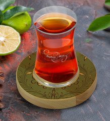 Kişiye Özel Retro Motif Tasarımlı Doğal Ahşap Tabaklı Heybeli Çay Bardağı Model 4