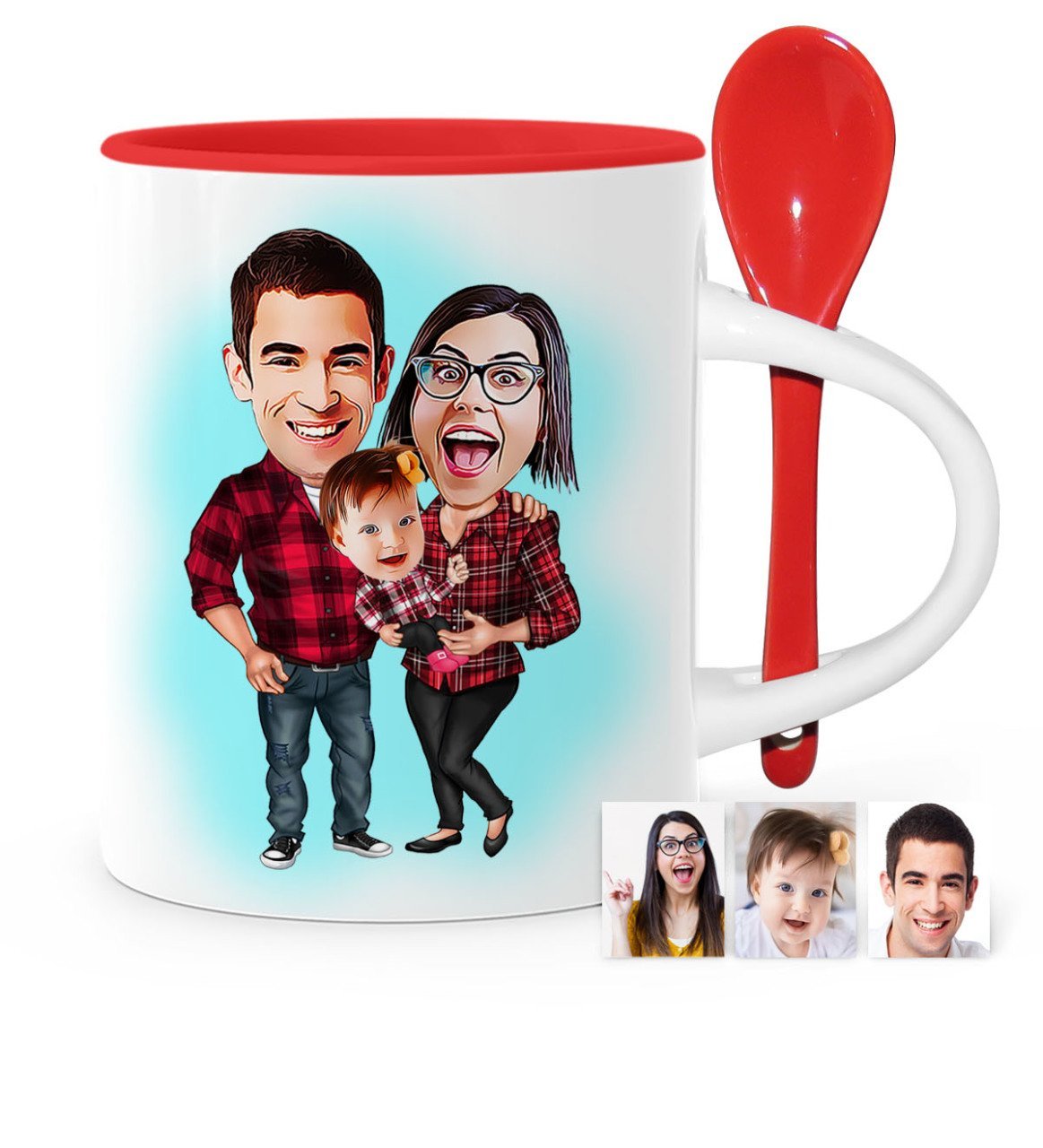 Kişiye Özel Aile Karikatür Kırmızı Kaşıklı Kupa Bardak - 2