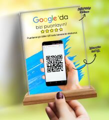 BK Gift İşletmelere Özel Masaüstü Google Puanlama Standı – Pleksi & Ahşap Tabanlı (12x18 cm) (5 ADET)