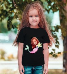 Kişiye Özel Deniz Kızı Karikatürlü Siyah T-Shirt