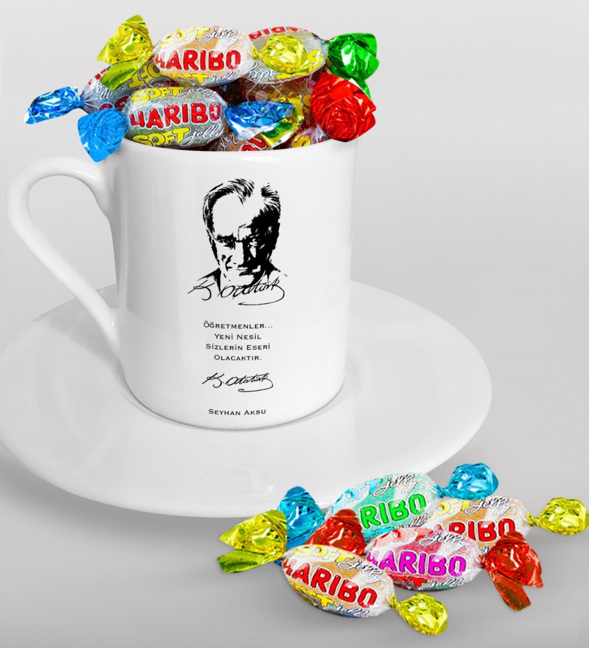 Kişiye Özel Atatürk Öğretmen Türk Kahvesi Fincanı ve Haribo Şeker Hediye Seti-2