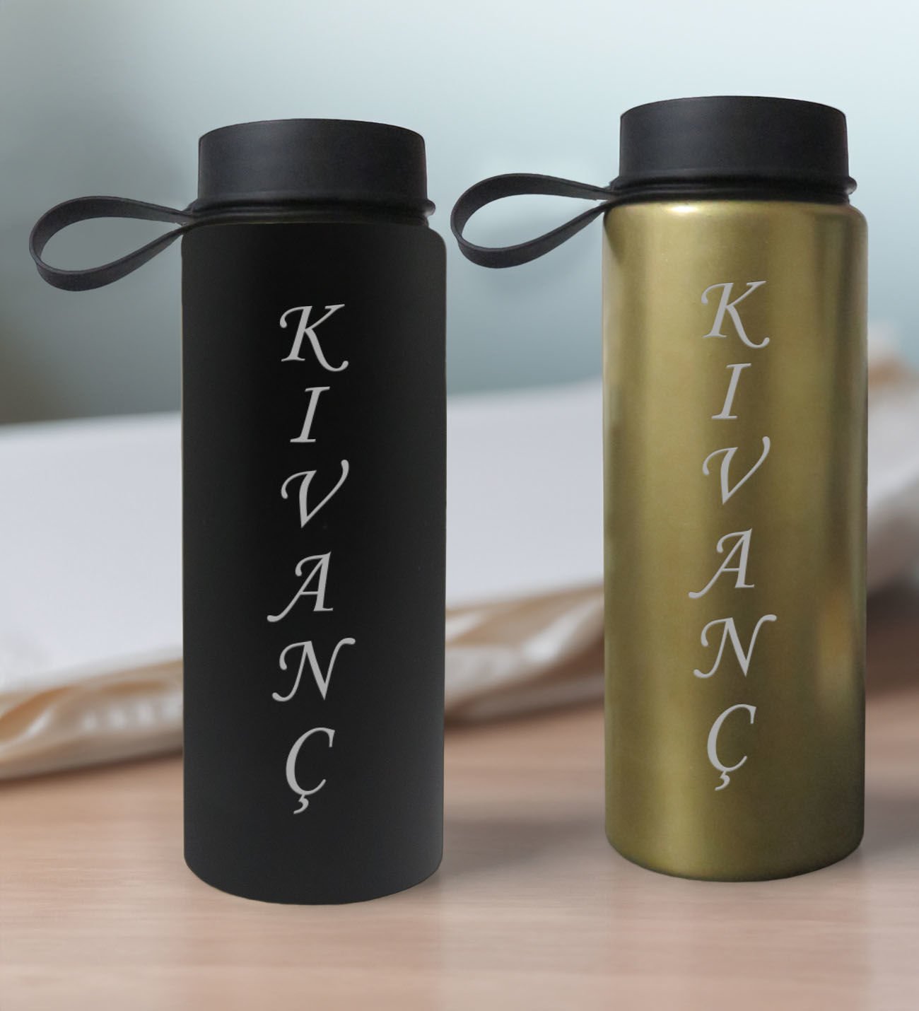 BK Gift Kişiye Özel İsimli 2’li Siyah ve Gold Renkli Cam Matara 500ml, Sevgiliye Hediye, İsimli Cam Matara, Sevgililer Günü