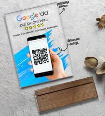 BK Gift İşletmelere Özel Masaüstü Google Puanlama Standı – Pleksi & Ahşap Tabanlı (12x18 cm) (10 ADET)