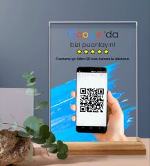 BK Gift İşletmelere Özel Masaüstü Google Puanlama Standı – Pleksi & Ahşap Tabanlı (12x18 cm) (10 ADET)