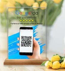 BK Gift İşletmelere Özel Masaüstü Google Puanlama Standı – Pleksi & Ahşap Tabanlı (12x18 cm) (10 ADET)