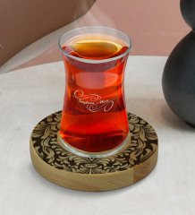 Kişiye Özel Retro Motif Tasarımlı Doğal Ahşap Tabaklı Heybeli Çay Bardağı Model 6