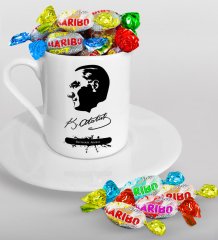 Kişiye Özel Atatürk Temalı Türk Kahvesi Fincanı ve Haribo Şeker Hediye Seti-4