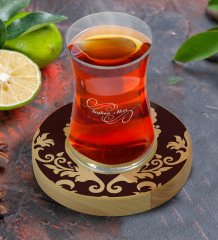 Kişiye Özel Retro Motif Tasarımlı Doğal Ahşap Tabaklı Heybeli Çay Bardağı Model 7