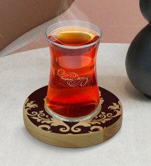 Kişiye Özel Retro Motif Tasarımlı Doğal Ahşap Tabaklı Heybeli Çay Bardağı Model 7