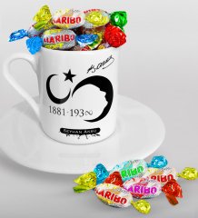 Kişiye Özel Atatürk Temalı Türk Kahvesi Fincanı ve Haribo Şeker Hediye Seti-5