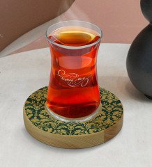 Kişiye Özel Retro Motif Tasarımlı Doğal Ahşap Tabaklı Heybeli Çay Bardağı Model 8
