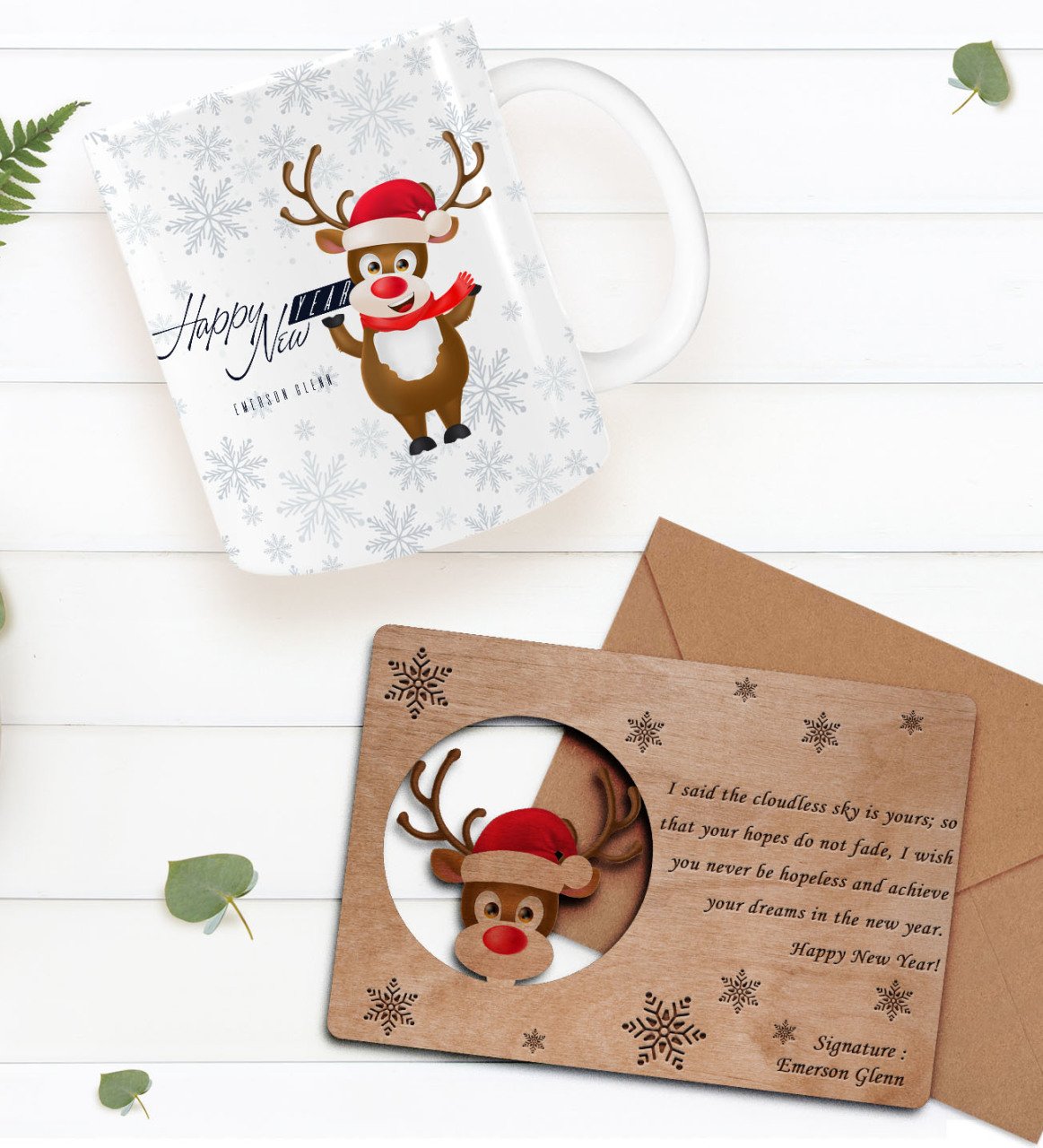 Kişiye Özel Happy New Year Kupa Bardak ve Retro Ahşap Yılbaşı Tebrik Kartı Hediye Seti-5B