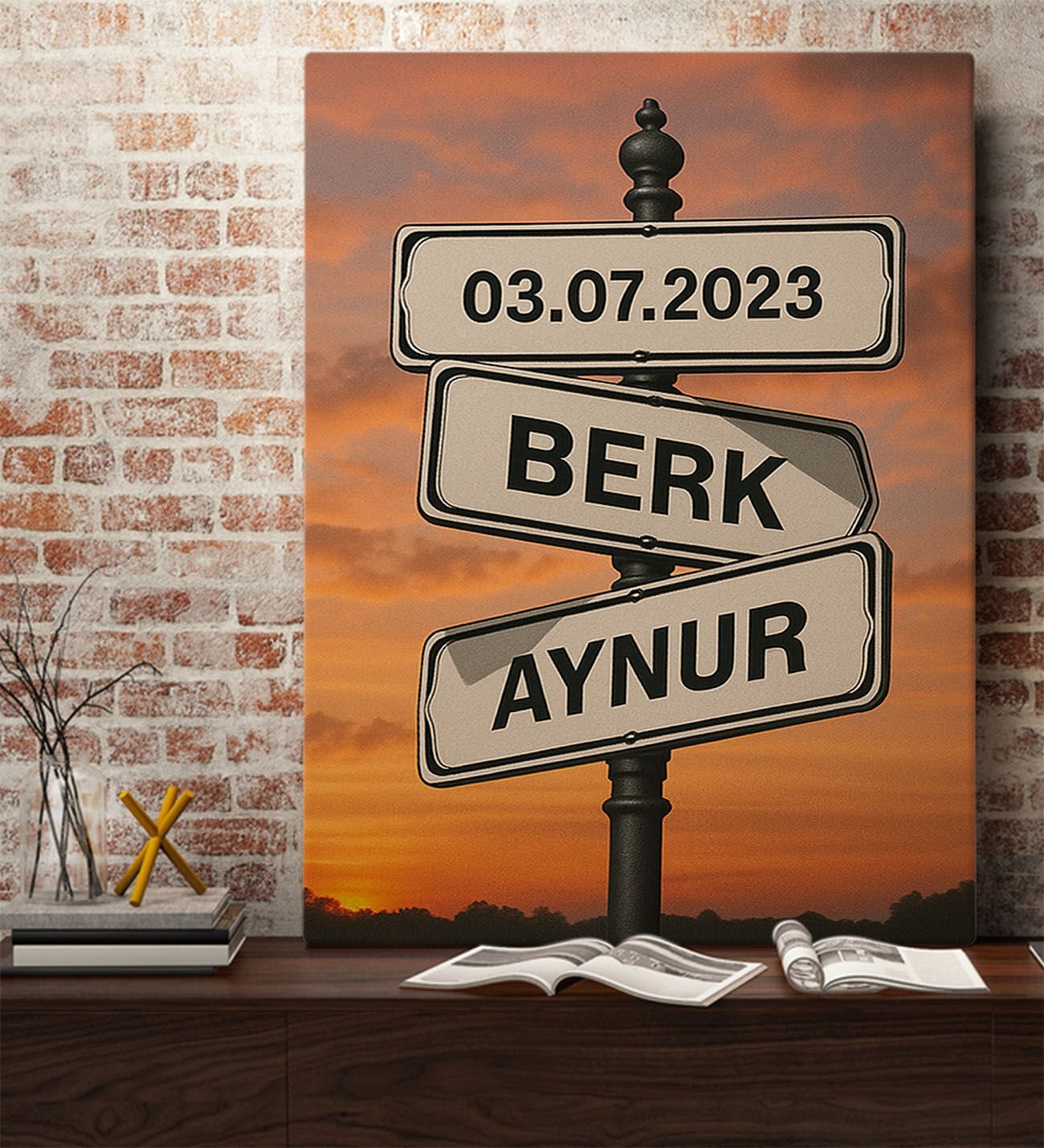 BK Gift Kişiye Özel Aşkın Yol Tabelası Tasarımlı Kanvas Tablo-1, Sevgiliye Hediye, Eşe Hediye, Yıldönümü Hediyesi