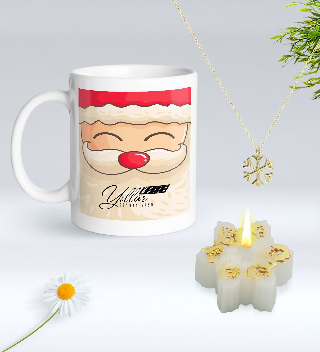 Yılbaşı Hediyesi BK Gift Kişiye Özel Yeni Yıl Tasarımlı Beyaz Kupa Bardak, Kar Tanesi Kolye ve Kar Tanesi Mum Hediye Seti-9, Sevgiliye Hediye, Arkadaşa Hediye