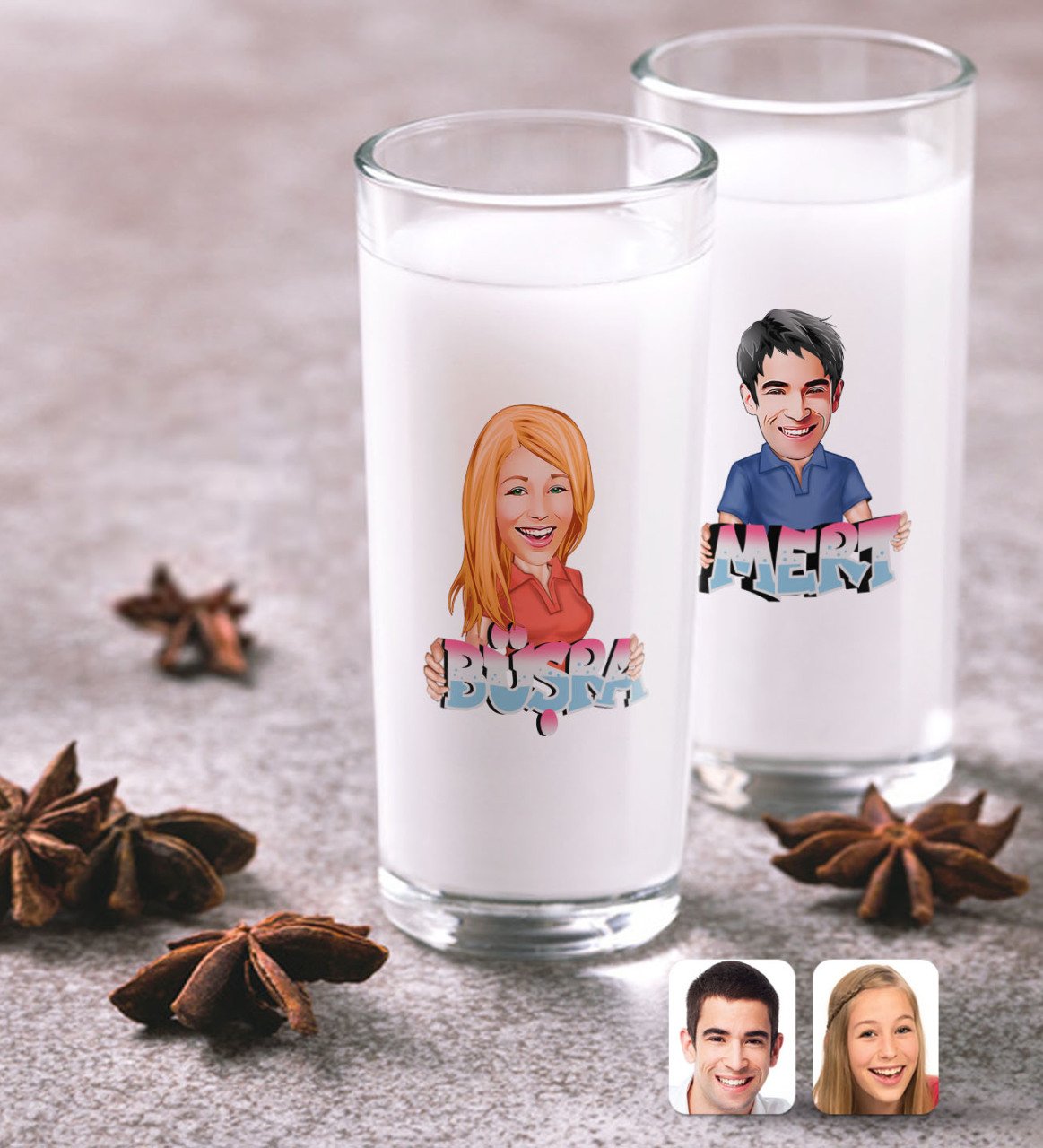 Kişiye Özel Erkek ve Bayan İsimli Karikatürlü İkili Rakı Bardağı Seti-1