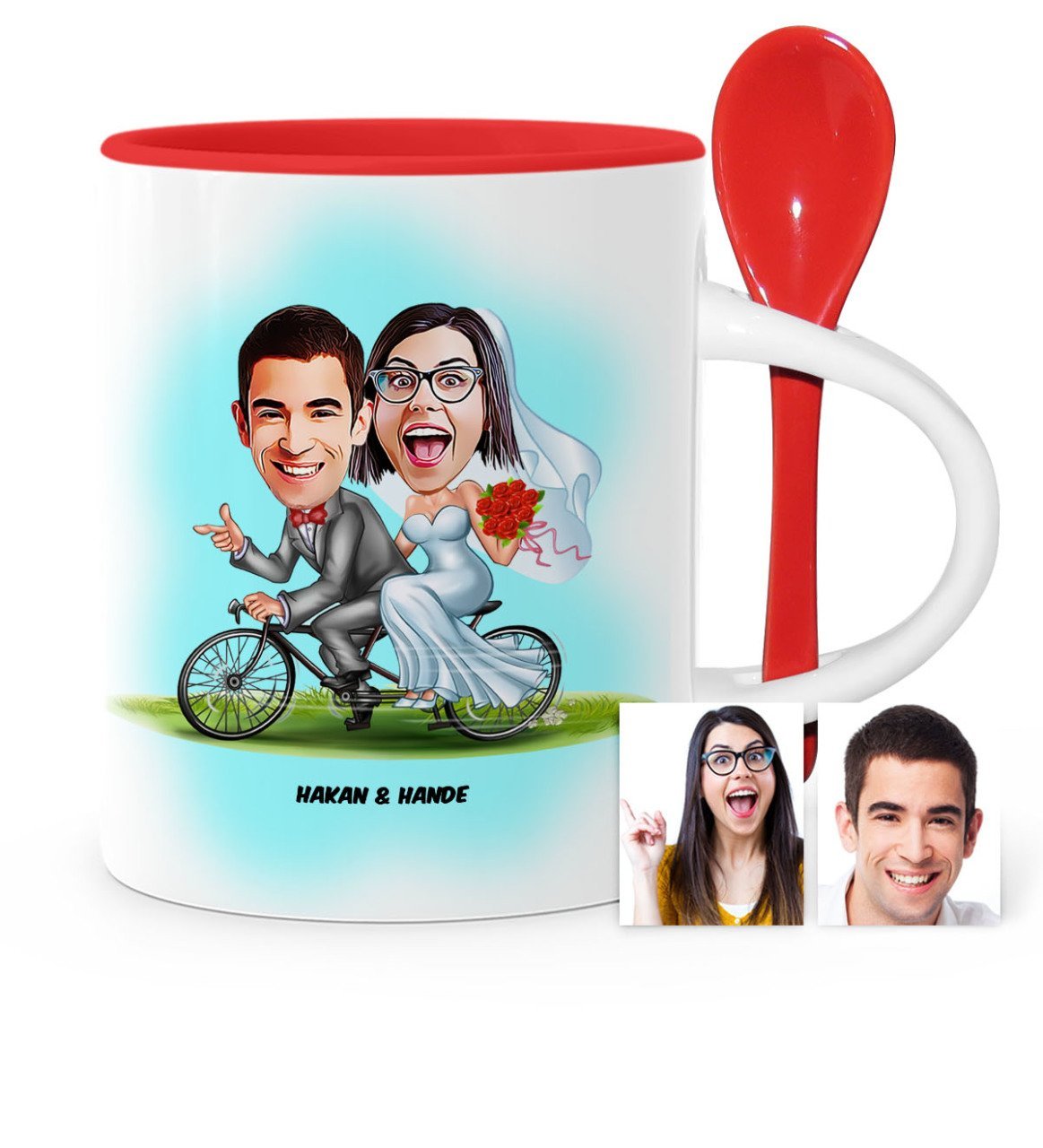 Kişiye Özel Evleniyoruz Karikatür Kırmızı Kaşıklı Kupa Bardak - 3