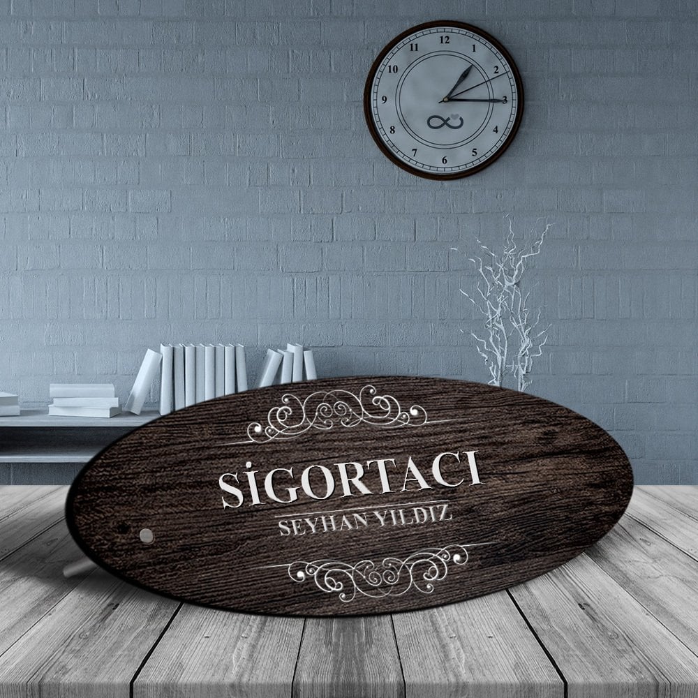 Kişiye Özel Mesleki Sigortacı Ahşap Oval Masa İsimliği - 3