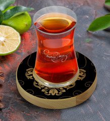 Kişiye Özel Retro Motif Tasarımlı Doğal Ahşap Tabaklı Heybeli Çay Bardağı Model 10