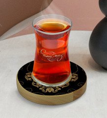 Kişiye Özel Retro Motif Tasarımlı Doğal Ahşap Tabaklı Heybeli Çay Bardağı Model 10
