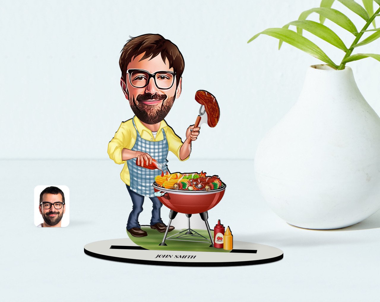 Kişiye Özel Erkek Mangalcı Karikatürlü Ahşap Biblo Model-1