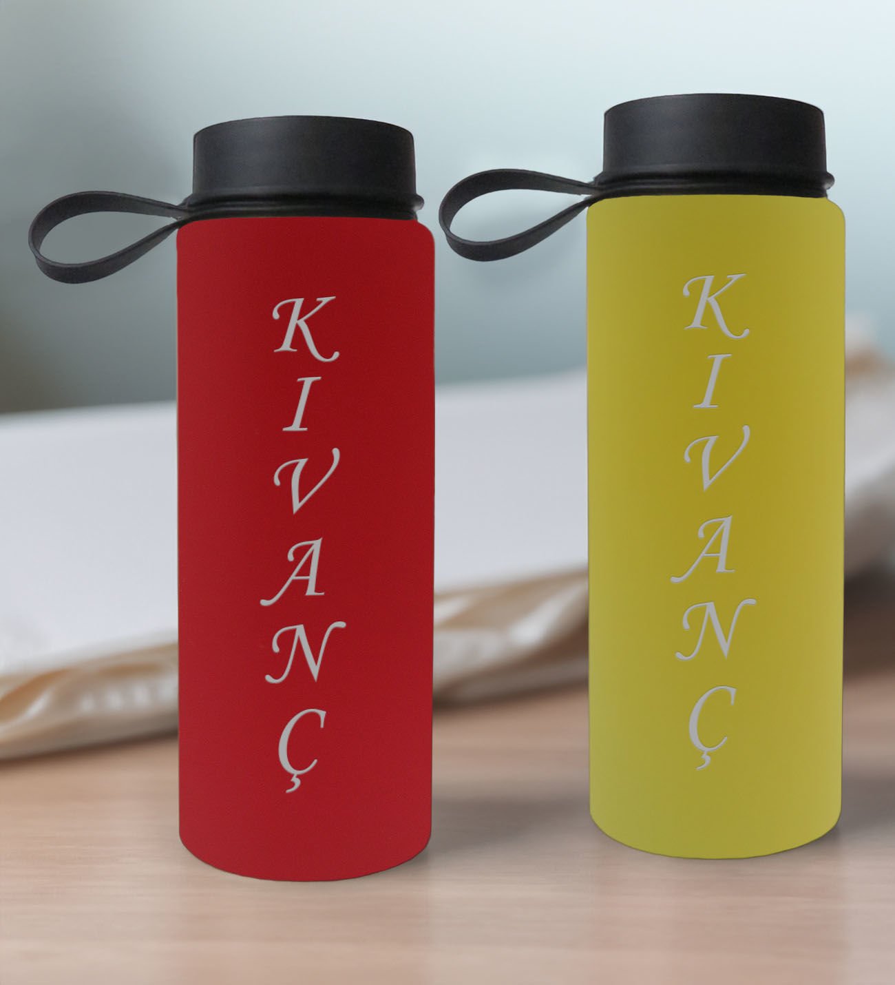 BK Gift Kişiye Özel İsimli 2’li Kırmızı ve Sarı Cam Matara 500ml, Sevgiliye Hediye, İsimli Cam Matara, Sevgililer Günü