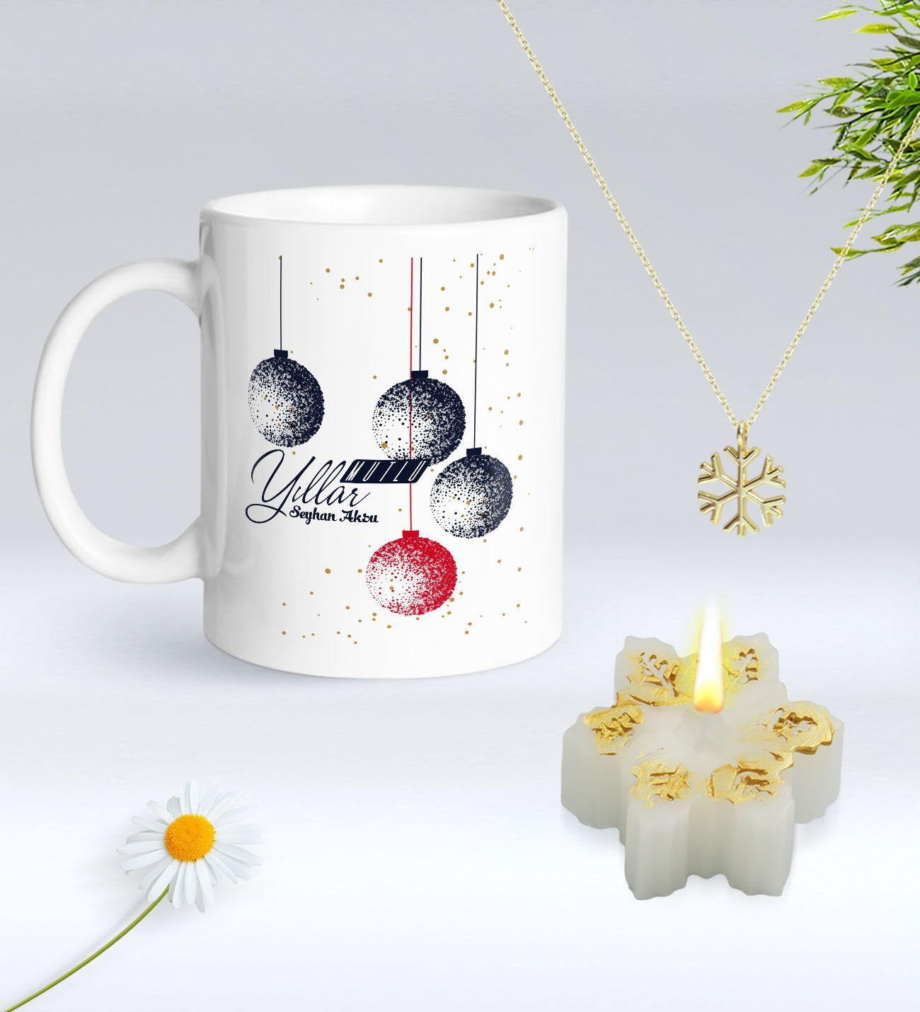 Yılbaşı Hediyesi BK Gift Kişiye Özel Yeni Yıl Tasarımlı Beyaz Kupa Bardak, Kar Tanesi Kolye ve Kar Tanesi Mum Hediye Seti-11, Sevgiliye Hediye, Arkadaşa Hediye