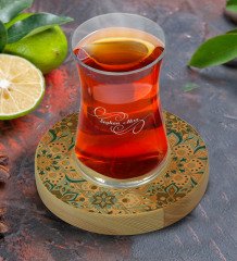 Kişiye Özel Retro Motif Tasarımlı Doğal Ahşap Tabaklı Heybeli Çay Bardağı Model 11