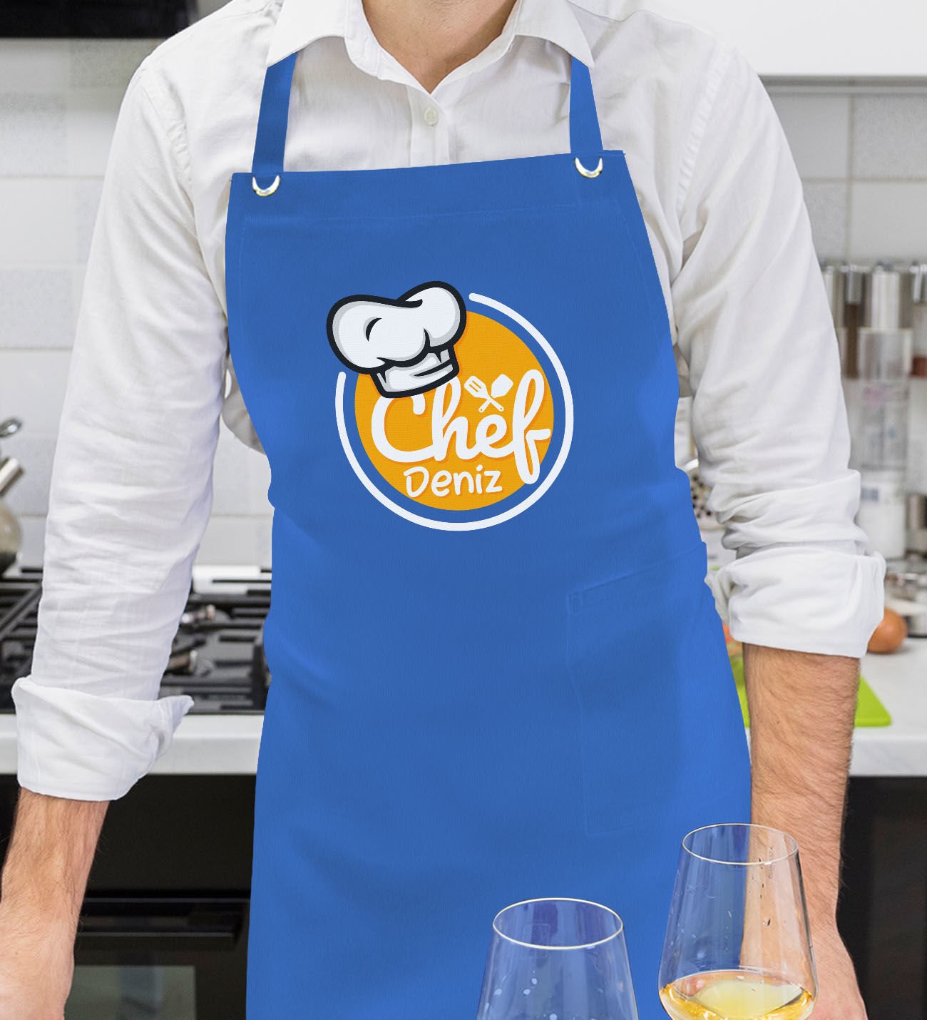 BK Gift Kişiye Özel İsimli Chef Tasarımlı Profesyonel Saks Mavi Mutfak Önlüğü, Aşçı Önlüğü, Şef Önlüğü, Arkadaşa Hediye-1