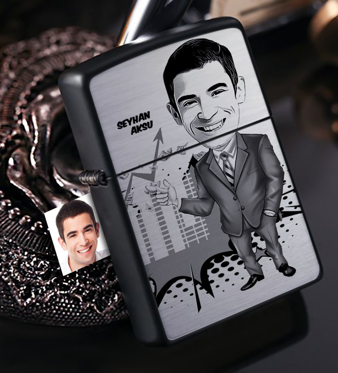 Kişiye Özel Bay CEO Karikatürlü Benzinli Siyah Metal Çakmak - 1