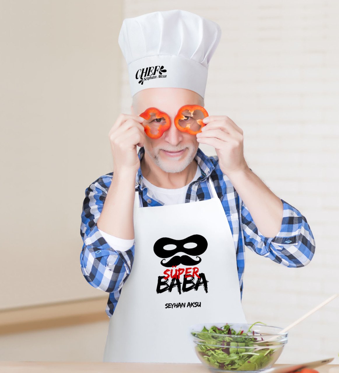 Kişiye Özel Süper Baba Erkek Mutfak Önlüğü ve Aşçı Şapkası Seti-4