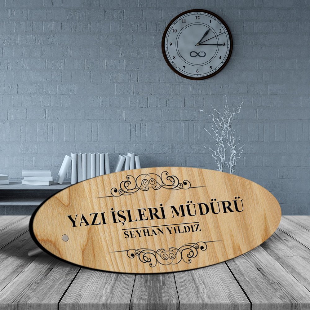Kişiye Özel Mesleki Yazı İşleri Müdürü Ahşap Oval Masa İsimliği - 2
