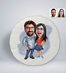 Kişiye Özel Sevgililer Karikatürlü Yuvarlak Dekoratif Kırlent Yastık-105