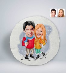 Kişiye Özel Sevgililer Karikatürlü Yuvarlak Dekoratif Kırlent Yastık-107