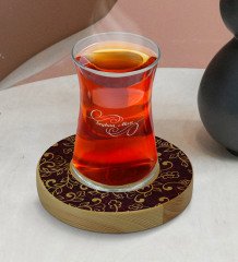 Kişiye Özel Retro Motif Tasarımlı Doğal Ahşap Tabaklı Heybeli Çay Bardağı Model 13