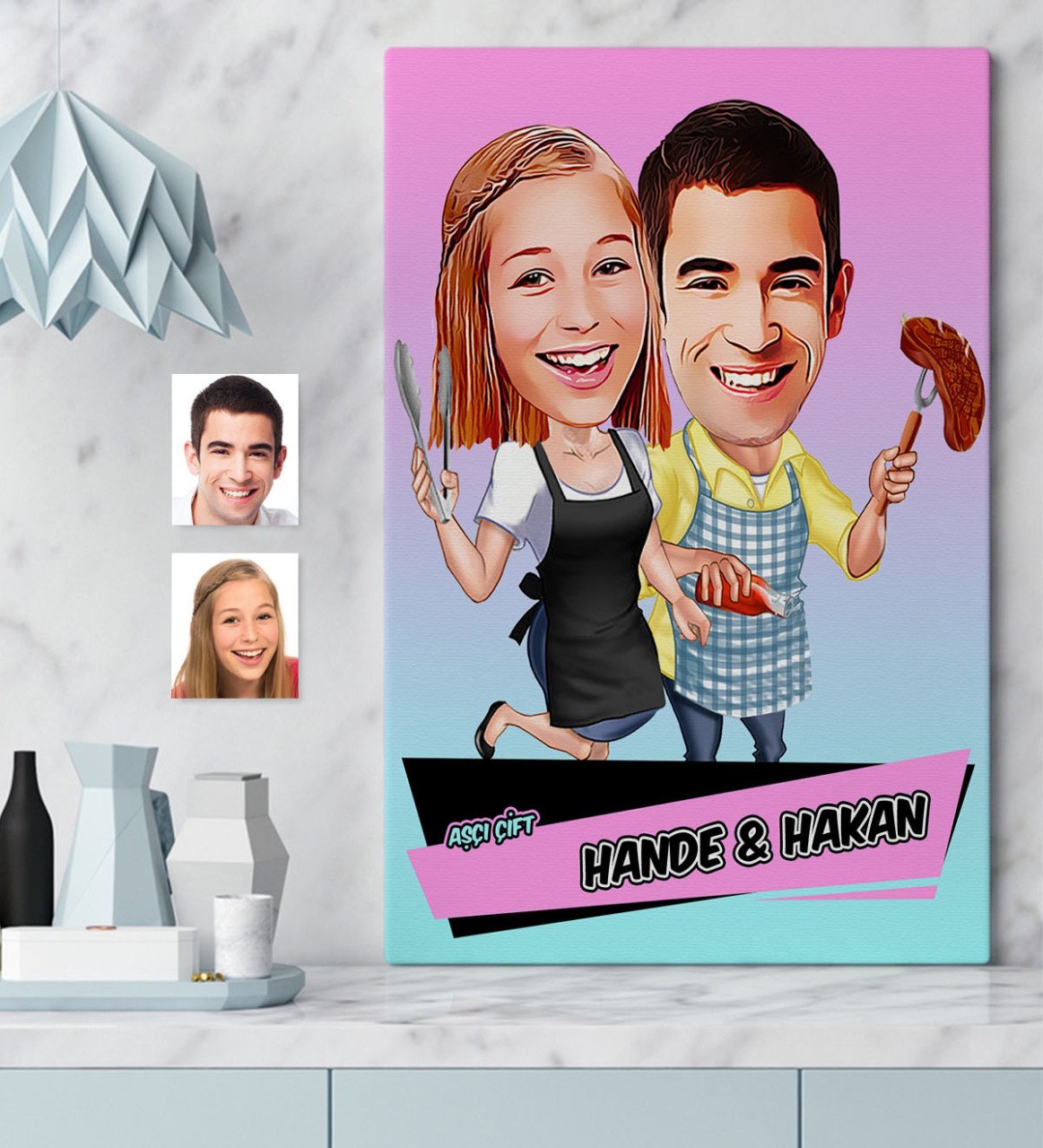Kişiye Özel Aşçı Çift Karikatür Kanvas Tablo (50 x 70 cm.) 1