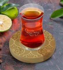 Kişiye Özel Retro Motif Tasarımlı Doğal Ahşap Tabaklı Heybeli Çay Bardağı Model 14