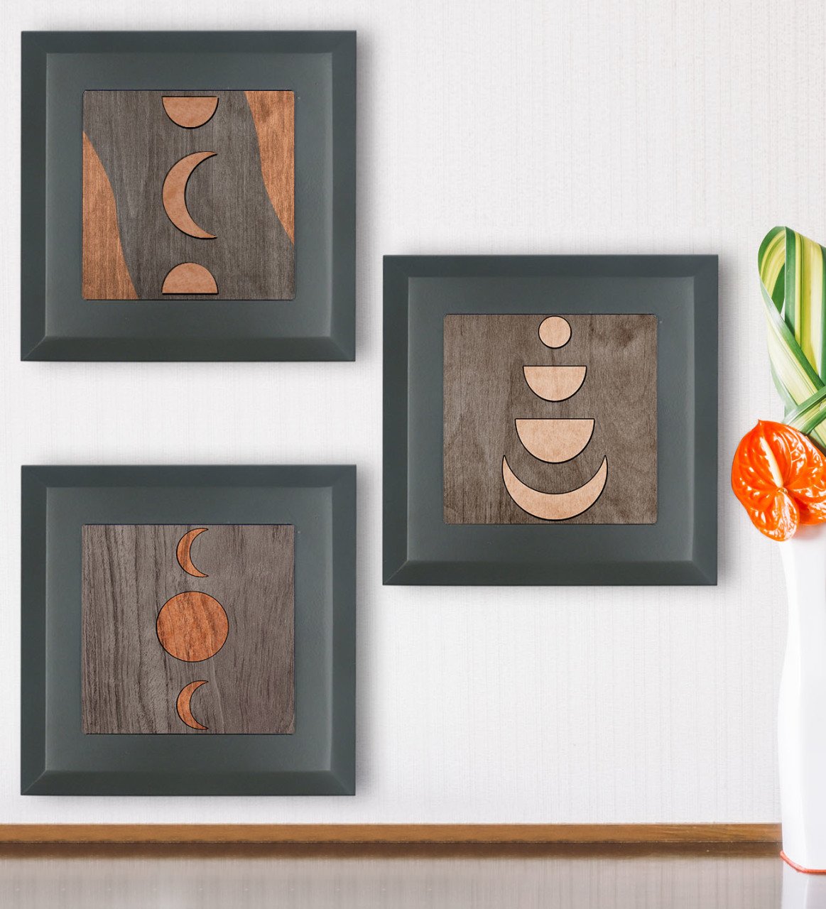 BK Gift Ay Tasarımlı 3’lü Ahşap Çerçeveli Taş Duvar Dekoru-50