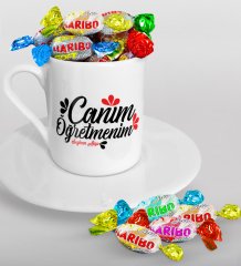 Kişiye Özel Canım Öğretmenim Türk Kahvesi Fincanı ve Haribo Şeker Hediye Seti-11
