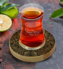 Kişiye Özel Retro Motif Tasarımlı Doğal Ahşap Tabaklı Heybeli Çay Bardağı Model 16